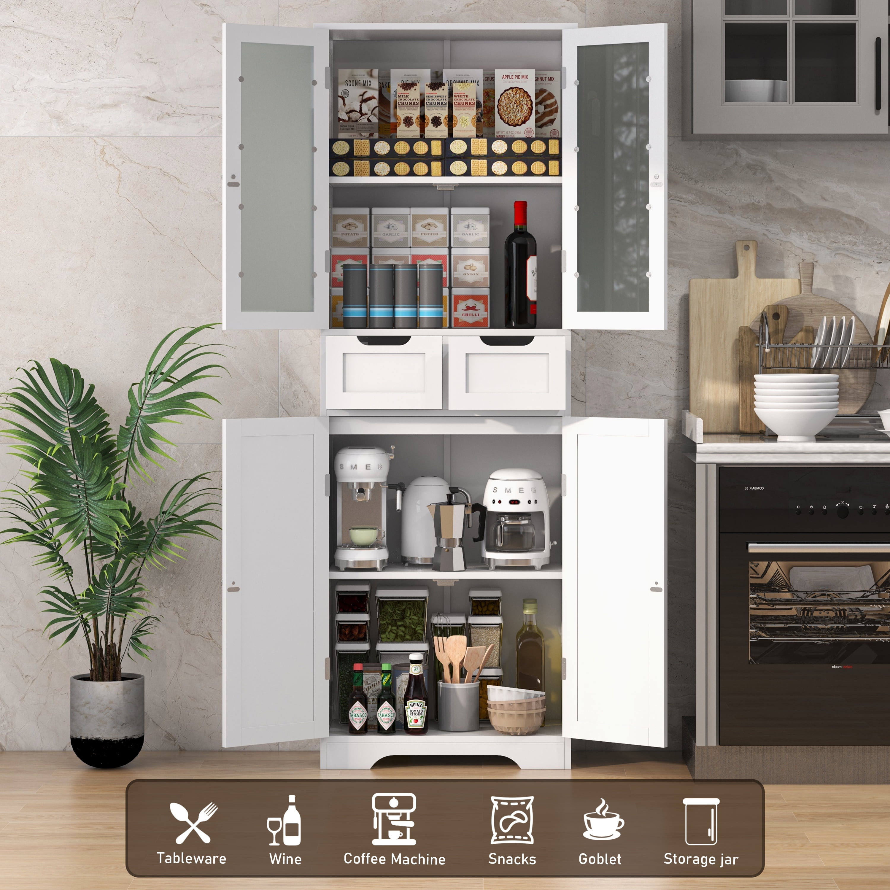 Tall White Freestanding Storage Cabinet with Glass Doors and Adjustable Shelves