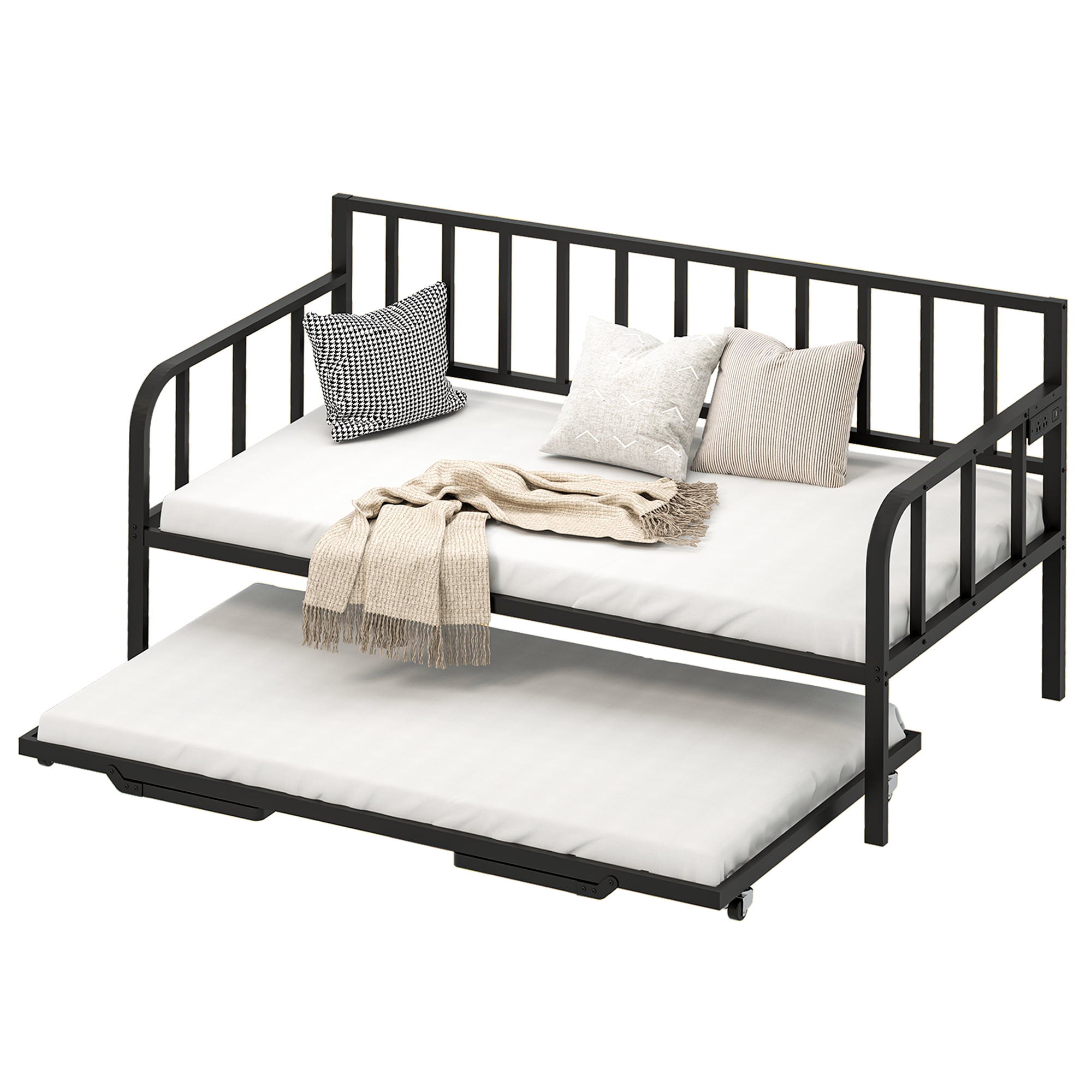 Black Twin Metal Daybed with Trundle, LED Lights, and Charging Station