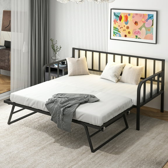 Tolead Twin Daybed with Trundle, LED and Charging Station, Metal Frame, Black