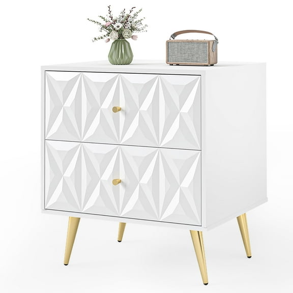 Tolead White Nightstand with 2 Drawers & Gold Metal Legs – Modern Embossed End Table for Bedroom & Living Room Storage