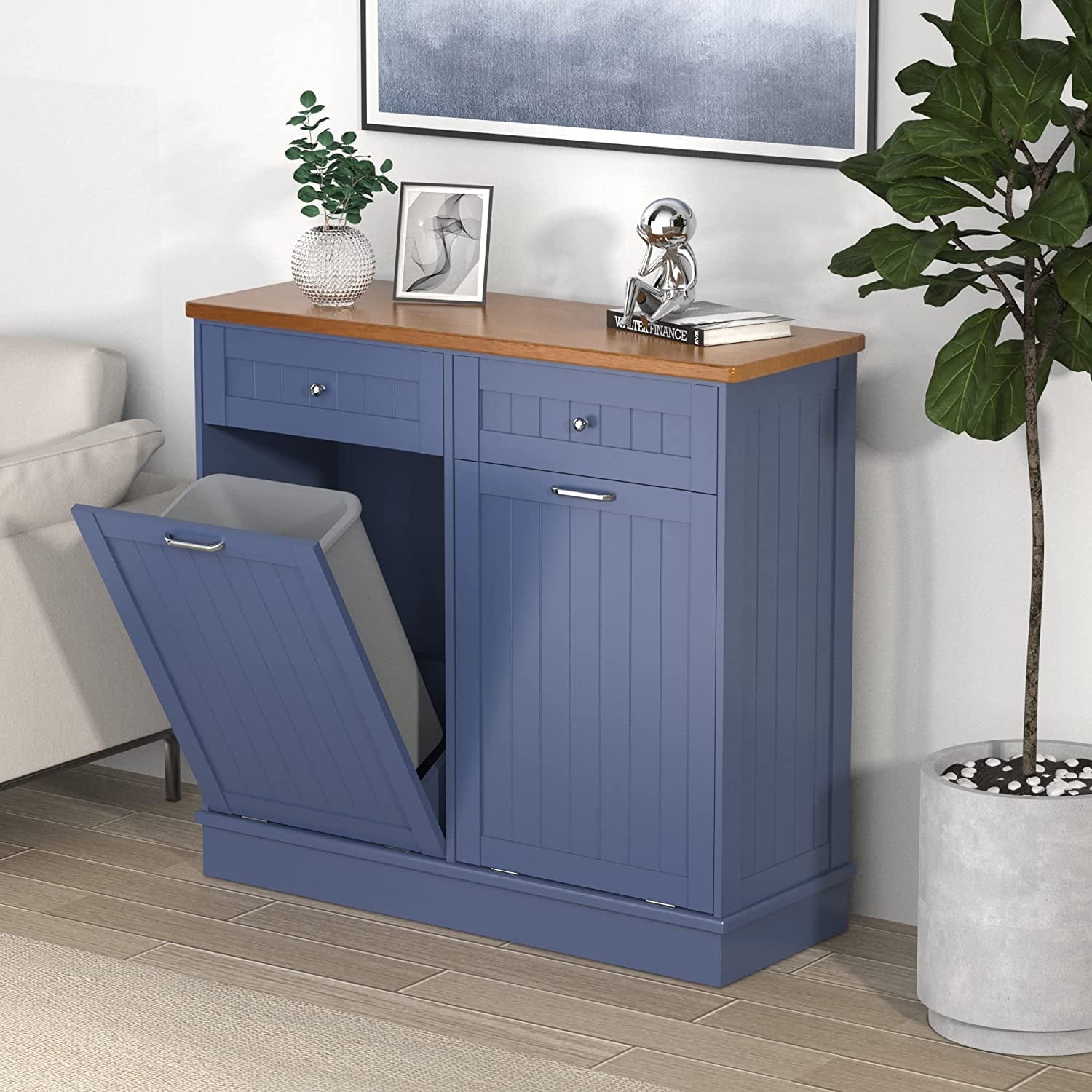 Blue Rubberwood Double Tilt Out Trash Cabinet with Drawers