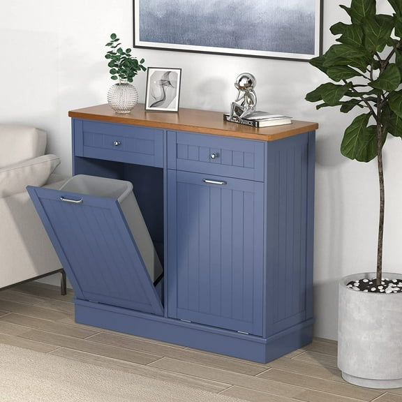 Tolead Wooden Double Tilt Out Trash Cabinet with Hideaway Drawer, Blue