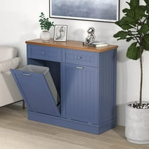 Tolead Kitchen Double Trash Cabinet Tilt Out Free Standing Storage Can with Hideaway Drawer and Countertop, Wood, Blue