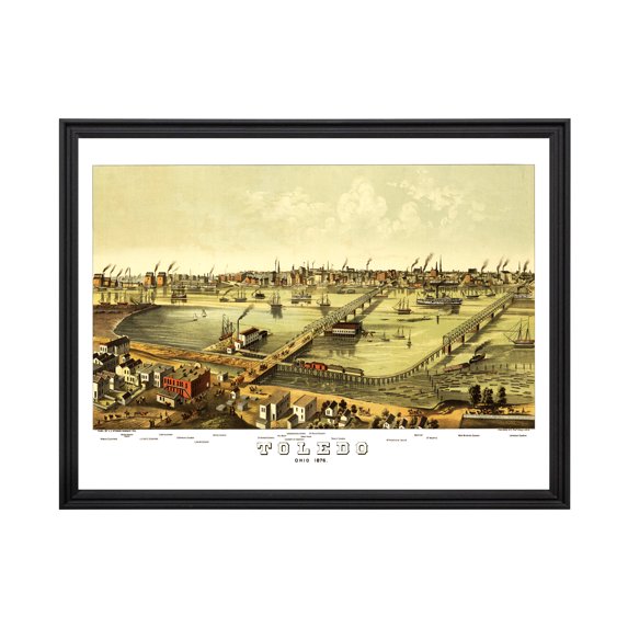 Toledo Art, 1876 Vintage Map of Toledo Ohio, OH History Wall Decor Gift, Old Toledo Map - 24" x 18" Black Framed Print