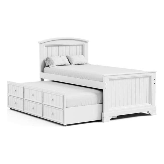 Toli Twin Captain Bed w Trundle-Drawers-White Curved Panel Headboard