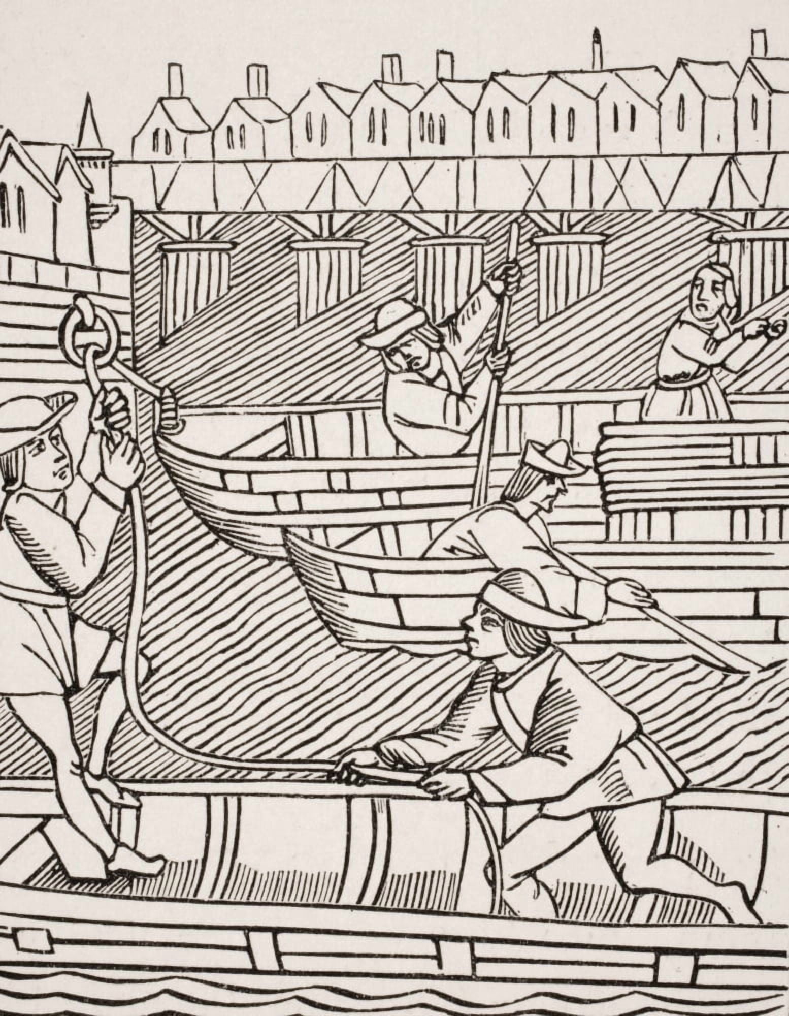 Toll Under The Bridges Of Paris 19Th Century Reproduction Of Woodcut In Ordonnances De La Prevoste Des Marchands De Paris Dated 1500 Canvas Art - Ken Welsh Design Pics (12 x 16)
