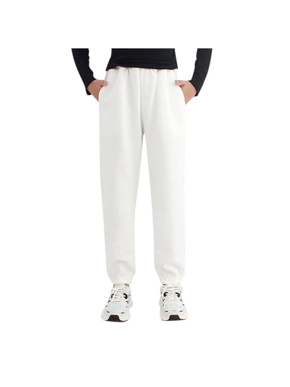 Tollder Boys Girls Pants Solid Color Athletic Pants with Slant Pockets Cinch Bottom Elastic Waisted Regular Casual Children Pants for Girls,White,4-5 Years