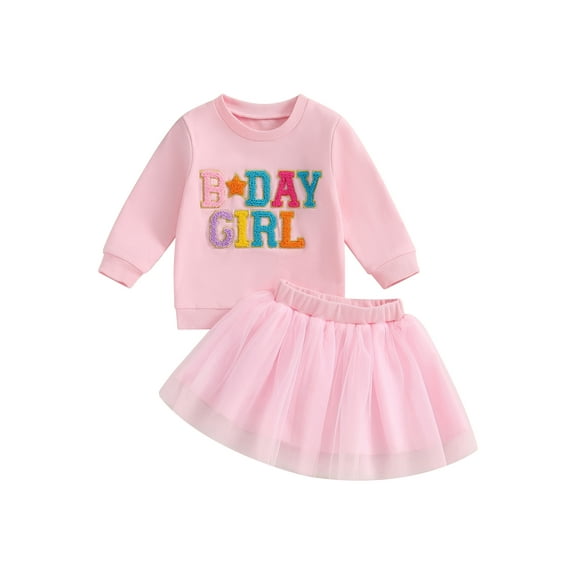 Tollder Kids Little Girls 2PCS Birthday Skirt Outfits 1 2 3 4 5 6 Years Long Sleeve Letter Embroidery Sweatshirt Solid Color Tulle Skirt Clothing Set
