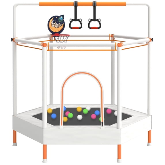 60" Mini Trampoline for Kids with Basketball Hoop, Indoor/Outdoor Toddler Trampoline with Safety Enclosure, Segmart Kids Trampoline with Adjustable Gymnastics Bars, Ring, Ocean Balls