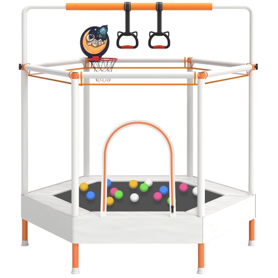 60" Mini Trampoline for Kids with Basketball Hoop, Indoor/Outdoor Toddler Trampoline with Safety Enclosure, Segmart Kids Trampoline with Adjustable Gymnastics Bars, Ring, Ocean Balls