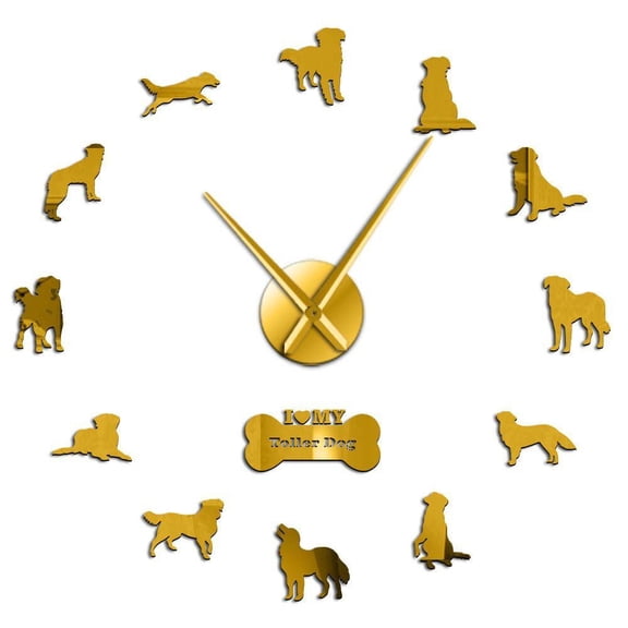 Toller Dog Giant DIY Wall Clock Nova Scotia Duck Tolling Retriever Dog Breed Self Adhesive 3D DIY Wall Watch With Mirror Surface(Gold,27inch)