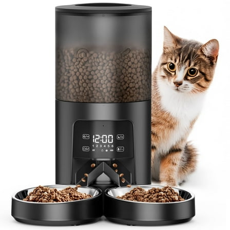 Tolobeve Automatic Cat Feeder for 2 Cats, 2-Way Splitter Timed Cat Dry Food Dispenser with 2 Bowls