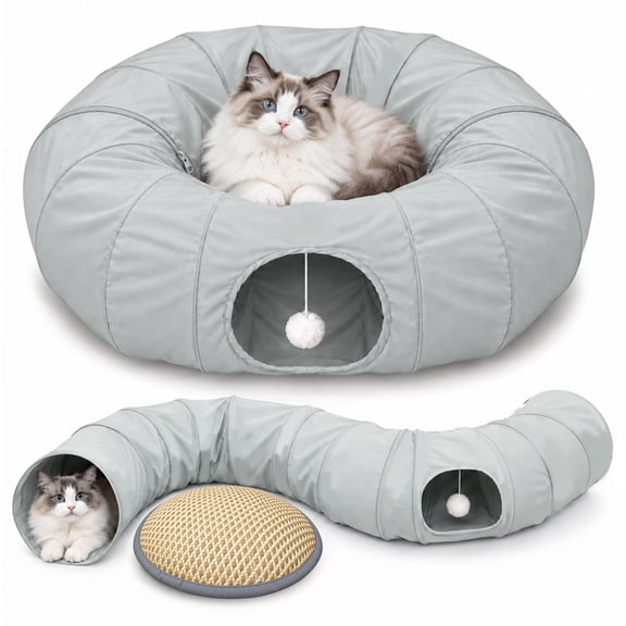Tolobeve Cat Tunnel with Soft Cushion, Foldable Cat Play Tunnel with Double-Layer Fabric and Zipper Design for Indoor Cats, Gray