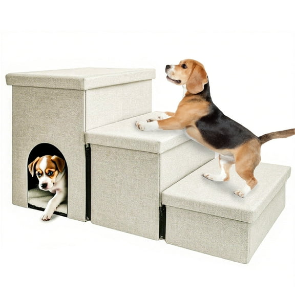 Tolobeve 3 Step Dog Stairs with Storage for High Bed 17.5'' H, Foldable Pet Stair for Small Medium or Large Dogs