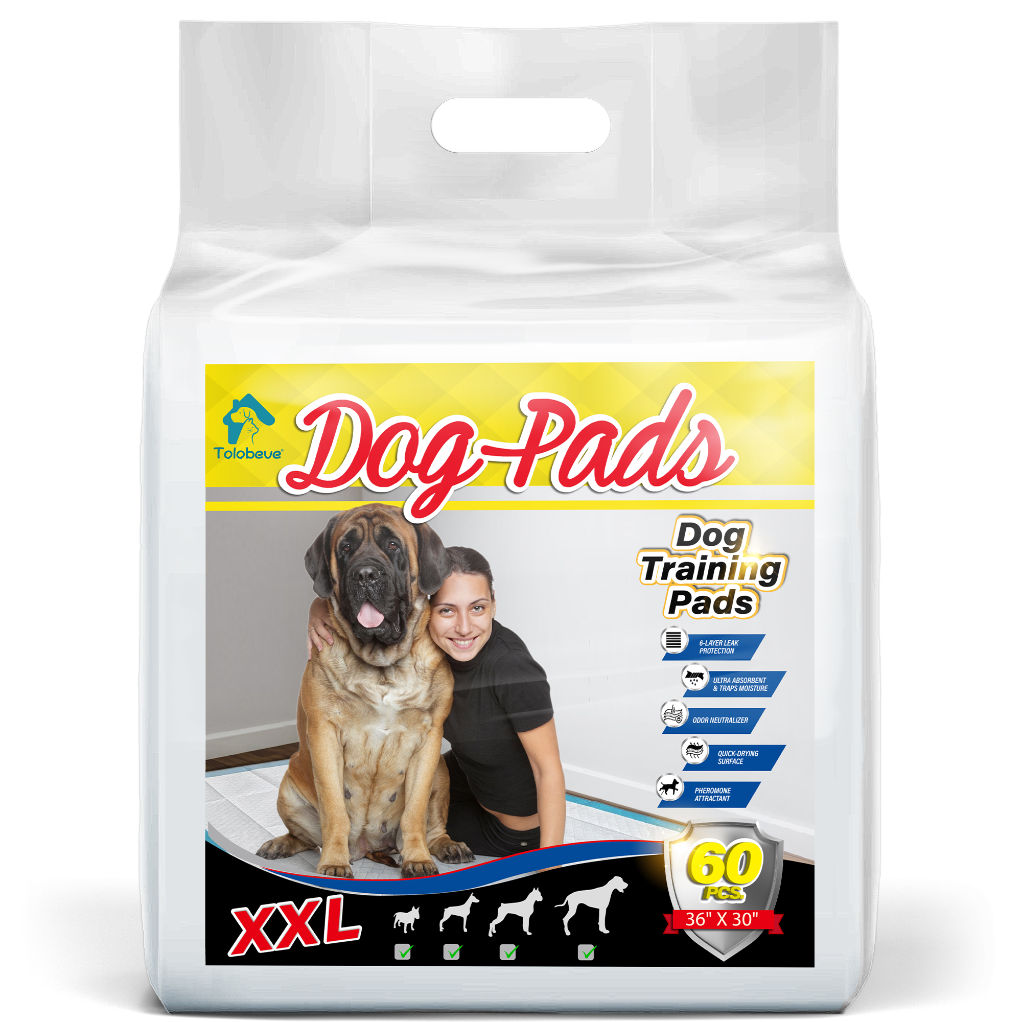 Tolobeve Dog Training Pads, XXL, 30 in x 36 in, 60 Count Disposable Dog