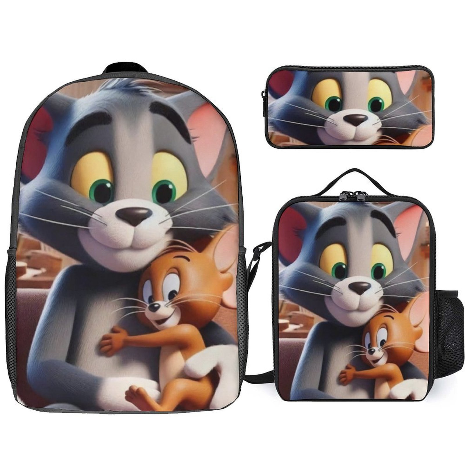 Tom And Jerry Anime Print School Bag 3 Pcs Set, Backpack, Lunch Bag ...