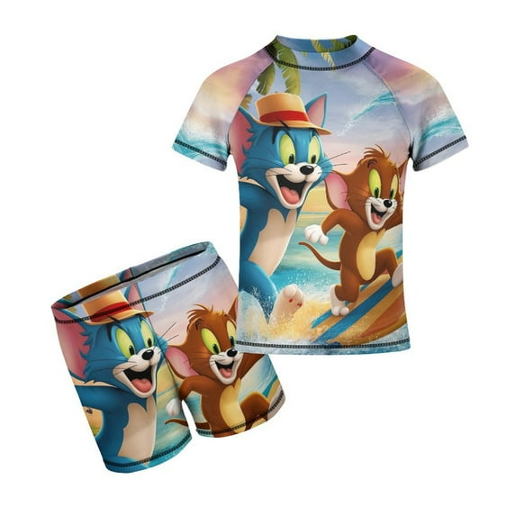Tom And Jerry Boys 2-Piece Swimsuit Set, Short Sleeve Rash Guard & Swim Trunks