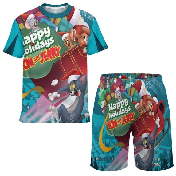 Tom And Jerry Boys Girls Short Sleeve Mesh T-Shirt And Shorts Outfit Set Summer Clothes Set for Kids