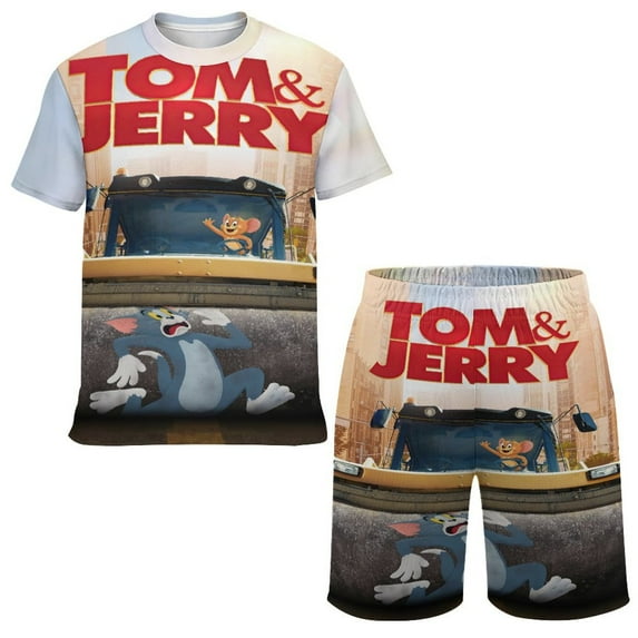 Tom And Jerry Boys Girls Short Sleeve Mesh T-Shirt And Shorts Outfit Set Summer Clothes Set for Kids
