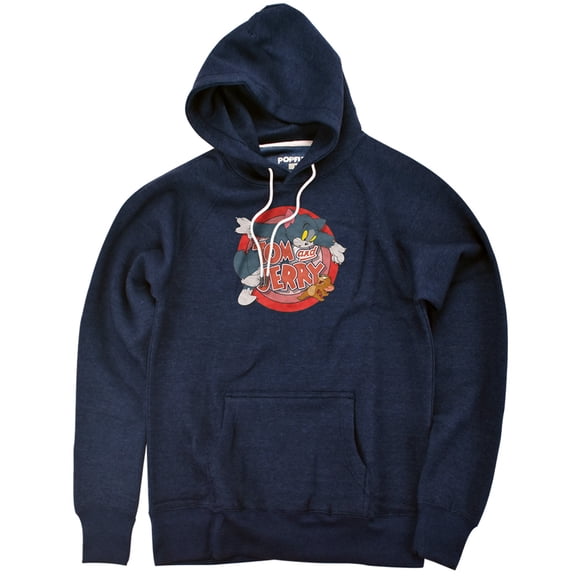 Tom And Jerry Cat & Mouse Unisex Adult Slim Fit Pull-Over Heather Hoodie, Navy, Medium
