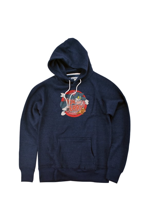 Tom And Jerry Cat & Mouse Unisex Adult Slim Fit Pull-Over Heather Hoodie, Navy, Small