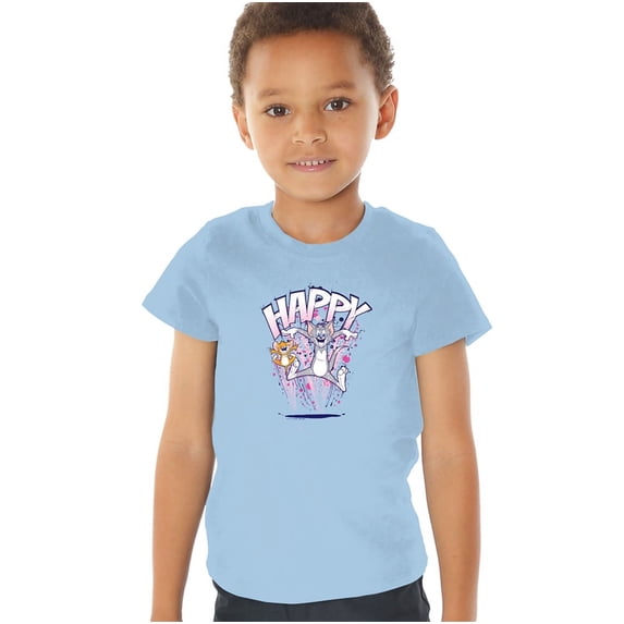 Tom And Jerry Happy Kids T Shirt (4) for Youth Toddler Boys and Girls, Light Blue