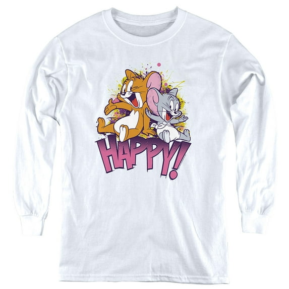 Tom And Jerry Jerry And Nibbles Happy! Kids Long Sleeve T Shirt (X-Large) for Youth Boys and Girls, White