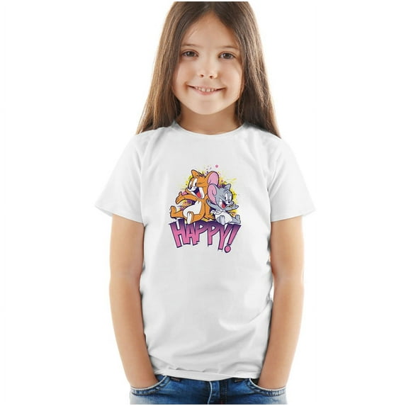 Tom And Jerry Jerry And Nibbles Happy! Kids T Shirt (3) for Youth Toddler Boys and Girls, White