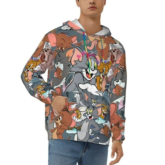Tom And Jerry Men's Hoodie Graphic Printed Long Sleeve Drawstring Hooded Sweatshirt Unisex Adult Pullover Tops Outerwear
