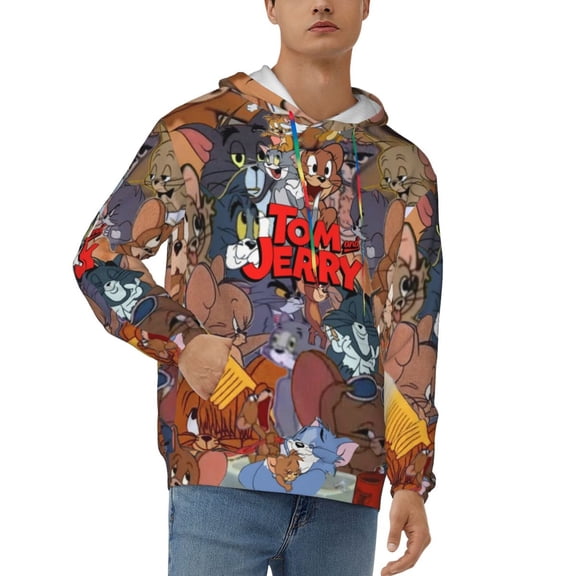 Tom And Jerry Men's Hoodie Graphic Printed Long Sleeve Drawstring Hooded Sweatshirt Unisex Adult Pullover Tops Outerwear