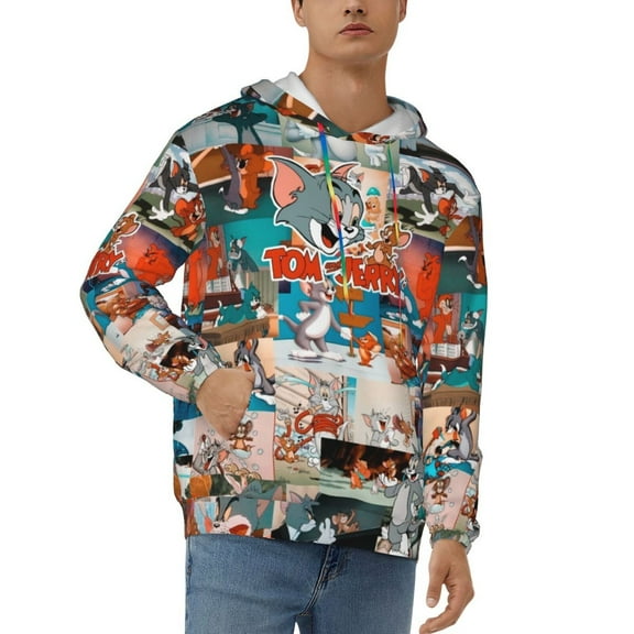 Tom And Jerry Men's Hoodie Graphic Printed Long Sleeve Drawstring Hooded Sweatshirt Unisex Adult Pullover Tops Outerwear