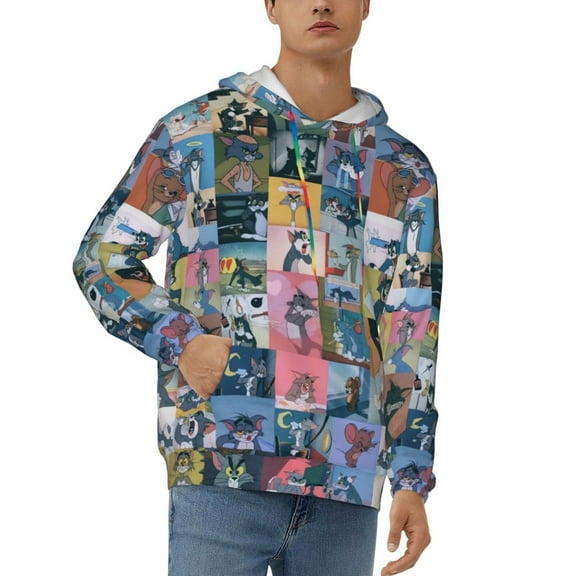 Tom And Jerry Men's Hoodie Graphic Printed Long Sleeve Drawstring Hooded Sweatshirt Unisex Adult Pullover Tops Outerwear