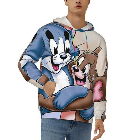 Tom And Jerry Men's Hoodie Graphic Printed Long Sleeve Drawstring Hooded Sweatshirt Unisex Adult Pullover Tops Outerwear