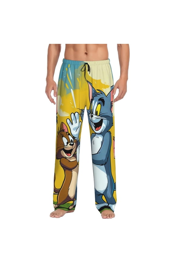 Tom And Jerry Men's Pajama Pants Cartoon All Over Print Elastic Waistband Sleep Pants with Pockets Drawstring, Soft Unisex Lounge Bottoms Sleepwear