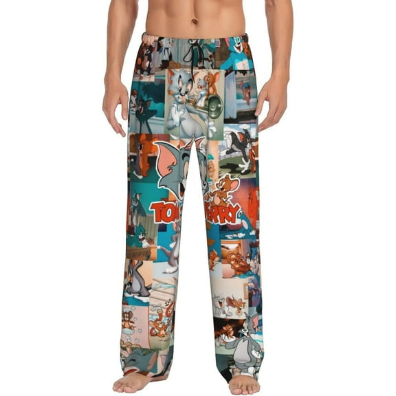 Tom And Jerry Men's Pajama Pants Cartoon All Over Print Elastic Waistband Sleep Pants with Pockets Drawstring, Soft Unisex Lounge Bottoms Sleepwear