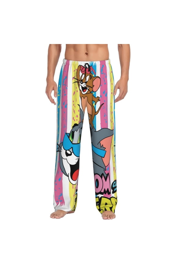 Tom And Jerry Men's Pajama Pants Cartoon All Over Print Elastic Waistband Sleep Pants with Pockets Drawstring, Soft Unisex Lounge Bottoms Sleepwear