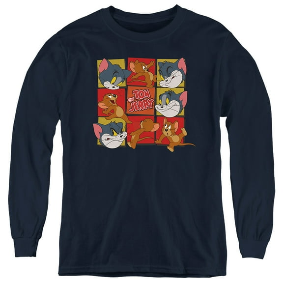 Tom And Jerry Squares Kids Long Sleeve T Shirt (Small) for Youth Boys and Girls, Navy