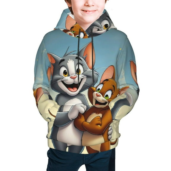 Tom And Jerry Teen Boys Girls Hoodies 3D Printed Cool Long Sleeve Hooded Pullover Lightweight Sweatshirt for Kids Youth