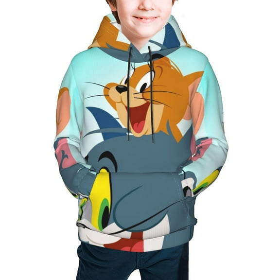 Tom And Jerry Teen Boys Girls Hoodies 3D Printed Cool Long Sleeve Hooded Pullover Lightweight Sweatshirt for Kids Youth