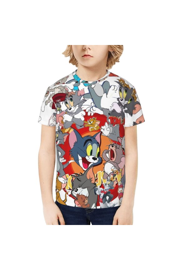 Tom And Jerry Teenage T-Shirt Kids 3D Print Graphic Shirts Summer Round Neck Short Sleeve Funny Cartoon Casual Top Tees for Youth Boys Girls