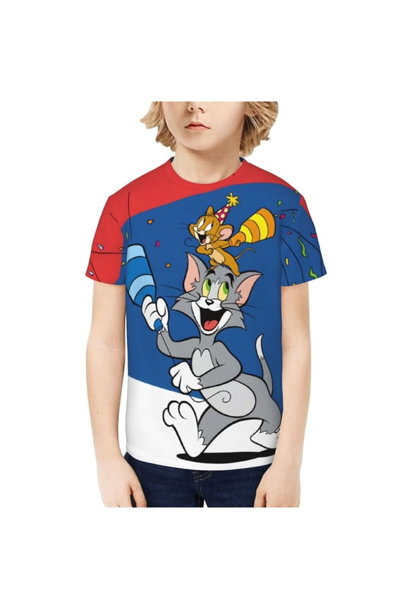 Tom And Jerry Teenage T-Shirt Kids 3D Print Graphic Shirts Summer Round Neck Short Sleeve Funny Cartoon Casual Top Tees for Youth Boys Girls