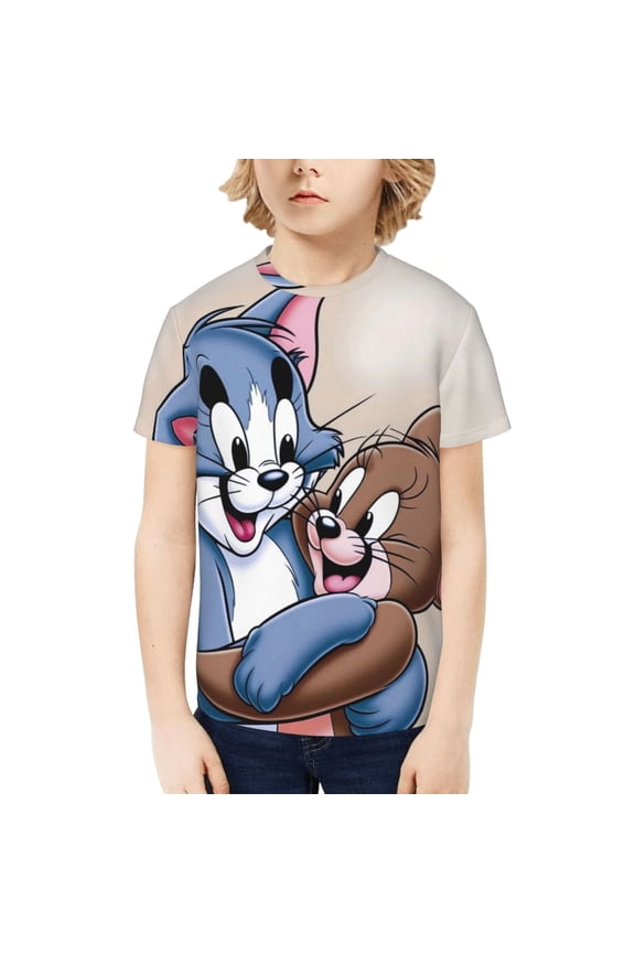Tom And Jerry Teenage T-Shirt Kids 3D Print Graphic Shirts Summer Round Neck Short Sleeve Funny Cartoon Casual Top Tees for Youth Boys Girls