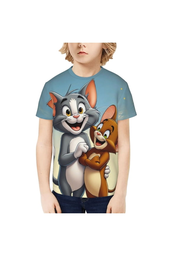 Tom And Jerry Teenage T-Shirt Kids 3D Print Graphic Shirts Summer Round Neck Short Sleeve Funny Cartoon Casual Top Tees for Youth Boys Girls