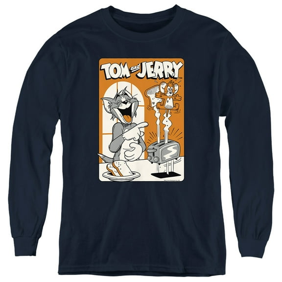 Tom And Jerry Toast! Kids Long Sleeve T Shirt (Small) for Youth Boys and Girls, Navy
