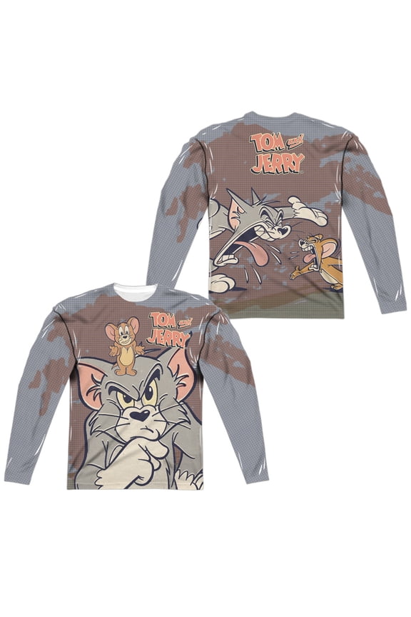 Tom And Jerry/up To No Good (front/back Print)-l/s Adult Poly Crew -white-3x
