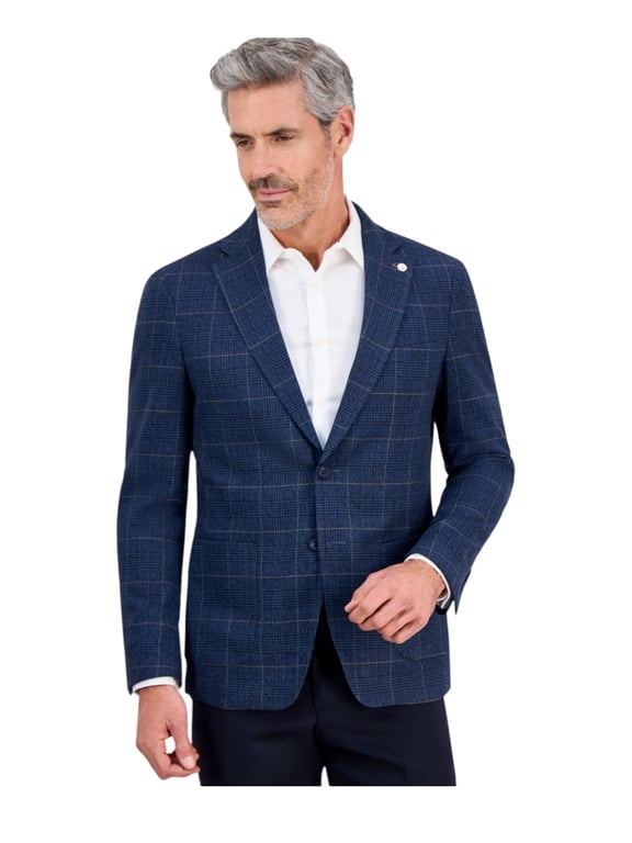 Mens Slim fit Sport Coat Blazer 42 L Navy Blue Plaid Stretch