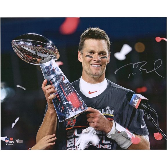 Tom Brady Tampa Bay Buccaneers Autographed 16" x 20" Super Bowl LV Trophy Photograph - Fanatics Authentic Certified