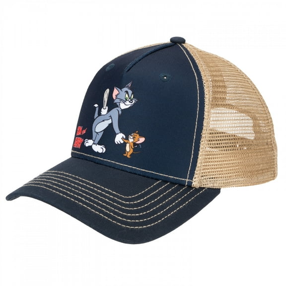 Tom and Jerry Men's Trucker Hat Sublimated Print Snapback Cap (Navy)