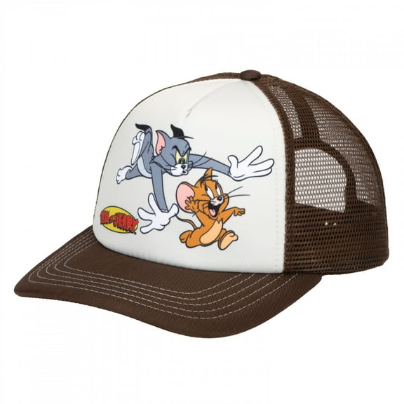 Tom and Jerry Men's Trucker Hat Sublimated Print Retro Foam Front Snapback Cap (Brown/Cream)