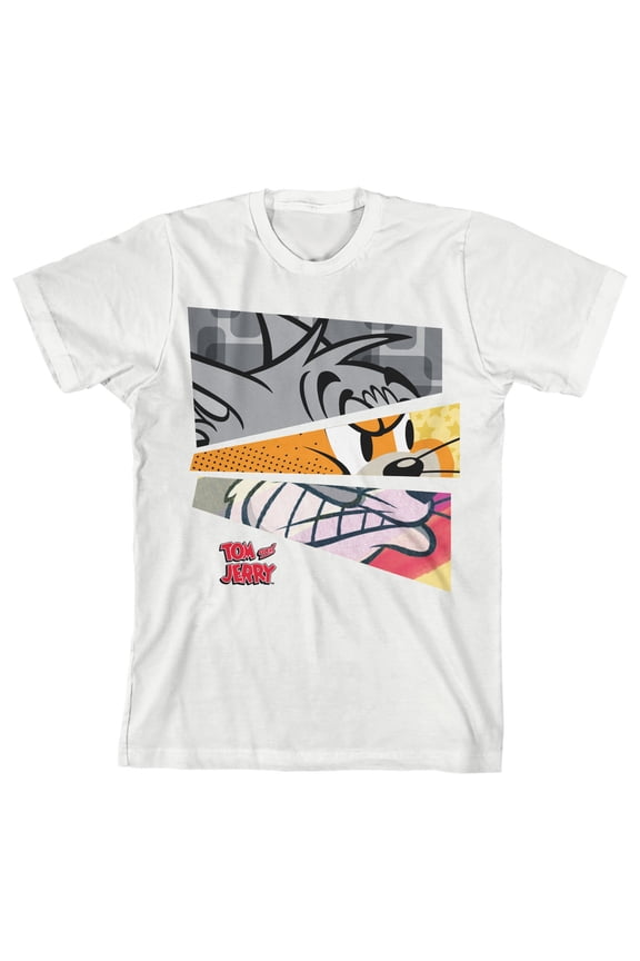 Tom & Jerry Angry Characters Mashup Youth Boys White Graphic Tee Shirt - L